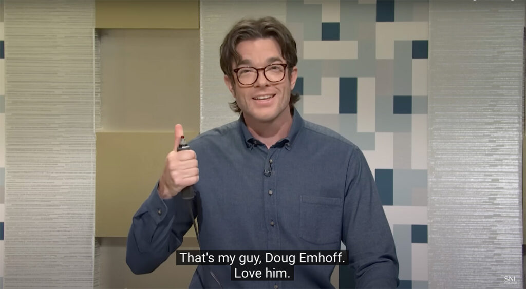 Screenshot from SNL with caption reading "that's my guy doug emhoff love him"